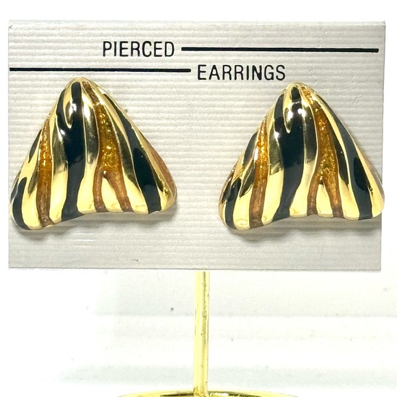 Vintage Gold & Black Abstract Enamel Triangle Earrings - Picture 5 of 9